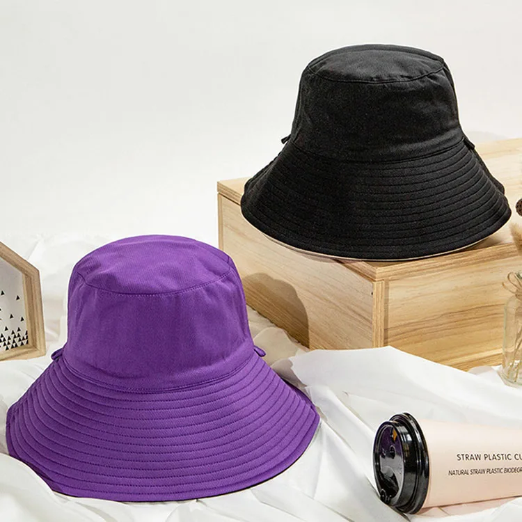 Summer big wide brim reversible blank plain black bucket hats women panama hat