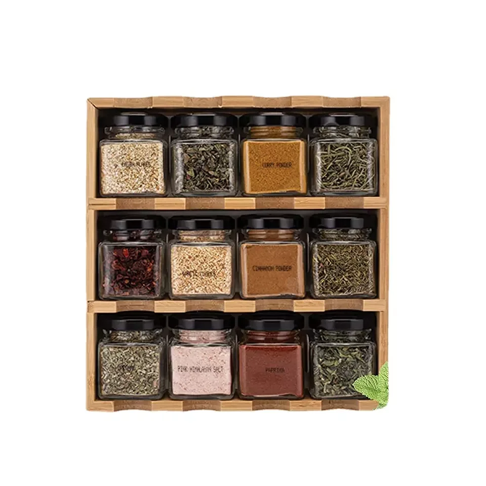 space-saving,12-Cube Bamboo Inspirations Spice Rack with glass jars Shelf Organizer can stand and hang on the wall