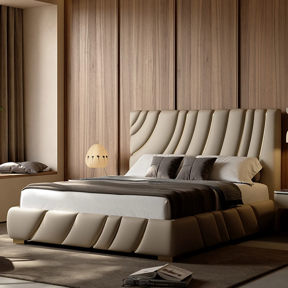European Modern Design King Size Bed Luxury Beds Leather With Soft Back Headboard Solid Wood Frame Queen Size Double Bed