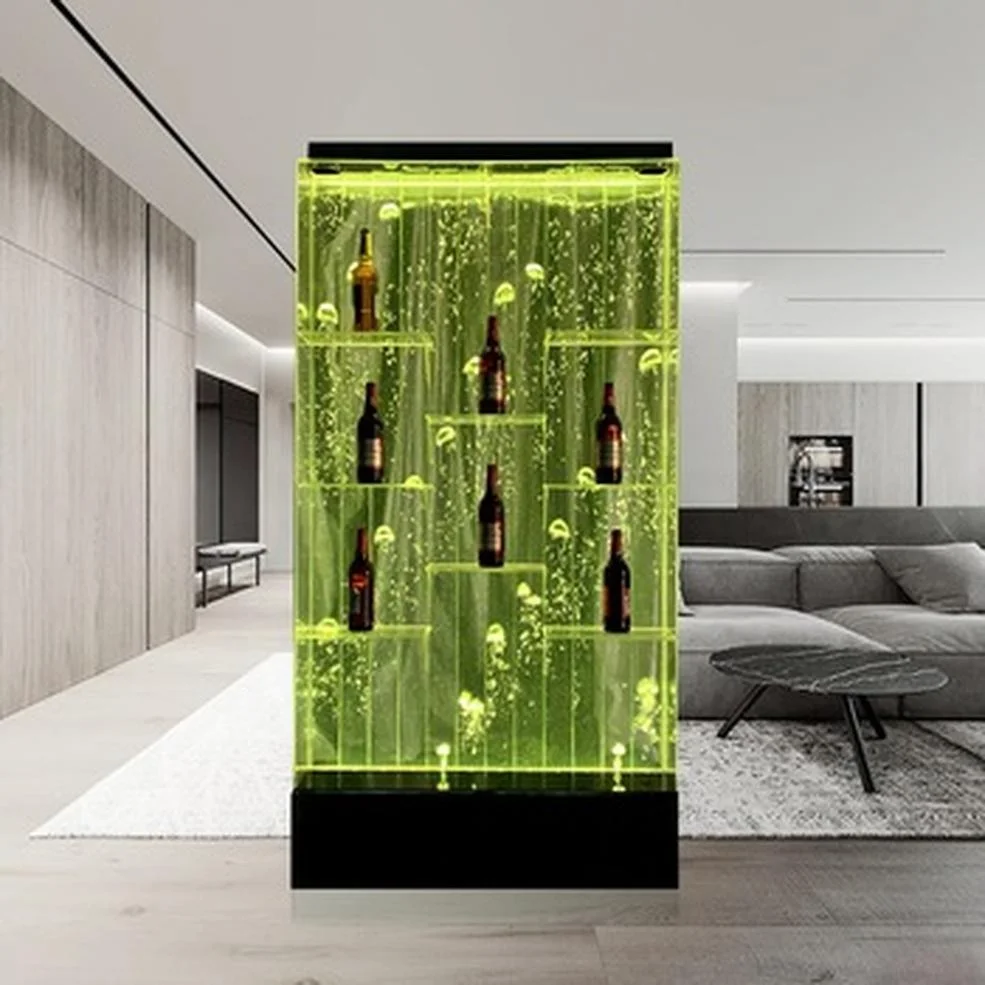 Hot sale modern design acrylic water bubble wall with led display shelves for bar lounge