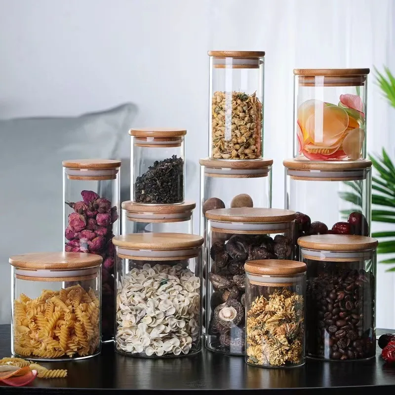 Kitchen Bamboo and Wood Stopper Glass Sealed Jar Glass Straight Canister Tea Seal Pot Candy Storage Jar Clear Airtight Canister