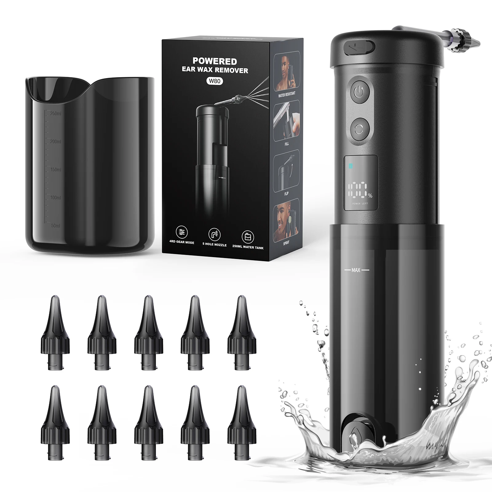 W80 5 Modes 10 Tips Effective Ear Irrigation Flushing System Reusable Ear Washer for Adults With LCD Screen