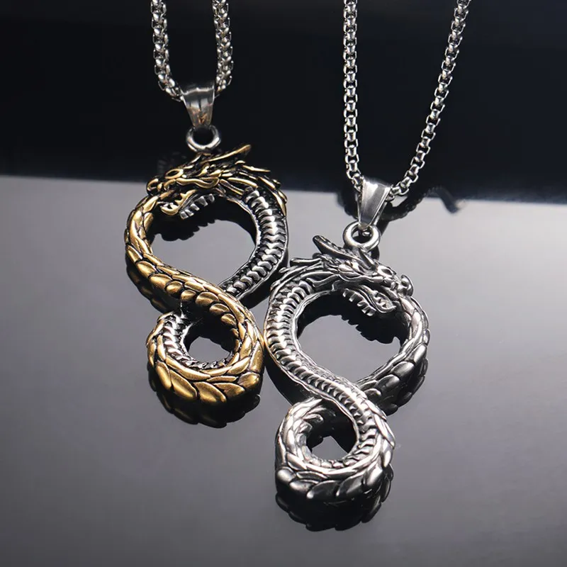 Vintage Silver Plated Dragon Pendant Necklace Unisex Stainless Steel Jewelry with Dragon Charms for Party Gifts for Men Women