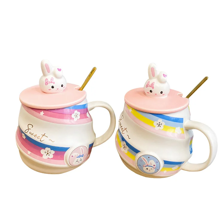 
2021 New Korean Screw Thread Cute Cartoon Rabbit Custom Tea Coffee Cups Mugs Ceramic 