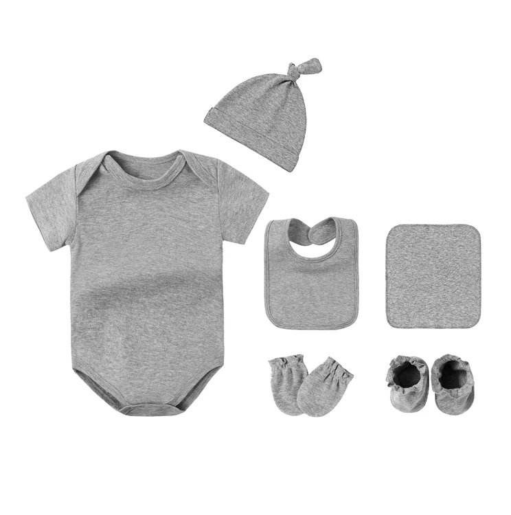 newborn baby clothes 6 pcs set  bib hat  socks set  short sleeve baby romper plain 100% combed cotton baby  white romper