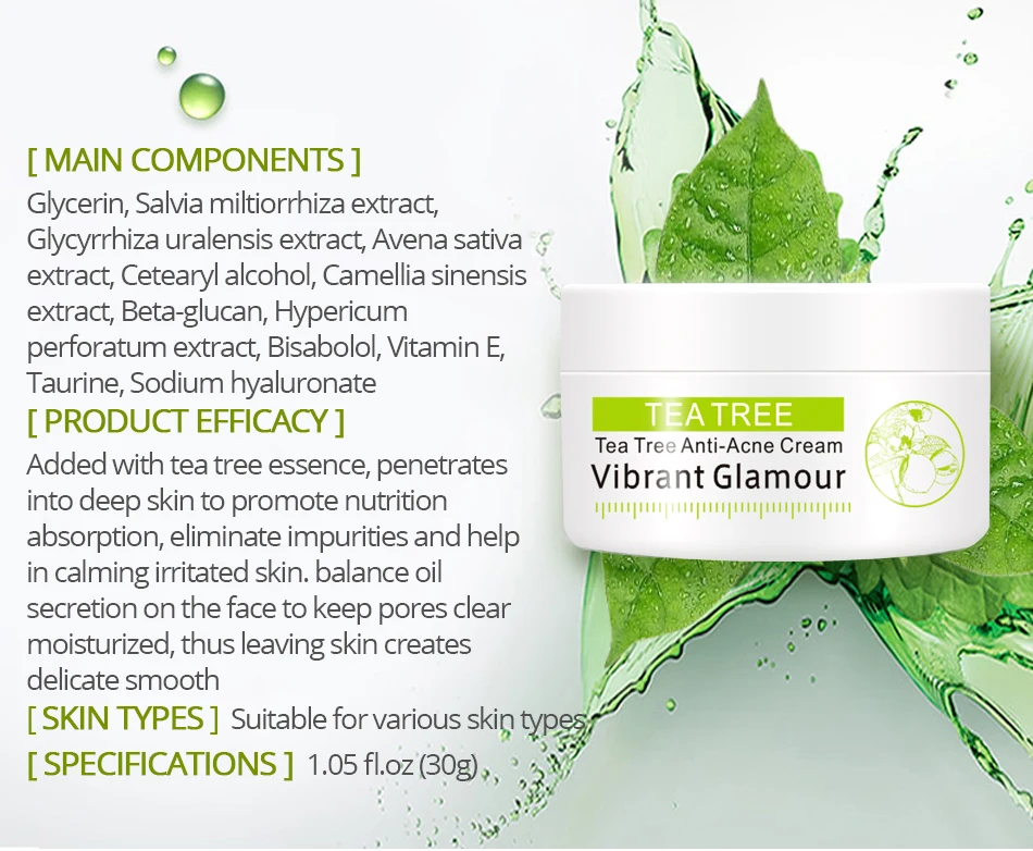 VIBRANT GLAMOUR Tea Tree Anti-Acne Face Cream Oil Control Shrink Pores Acne Cream Nourish Whitening Acne Scar Remove Skin Care