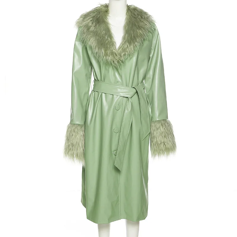 Plush PU Patchwork Trench Women Fall Winter Warm Casual Coat With Belt Lady Girl Elegant Jacket