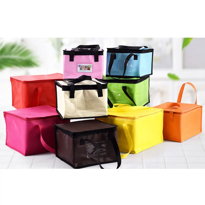 Custom Logo Pink Geometric Square Portable Non Woven Large Insulated Tote Bag Thermal Lunch Cooler Bag