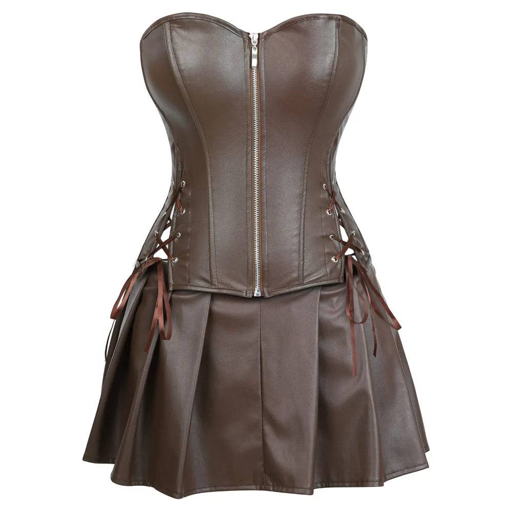 Plus Size Push Up Women Leather Corset Dress Gothic Punk Zipper Corset With Skirt