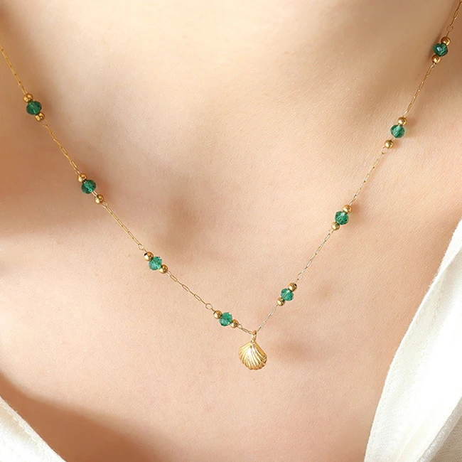 Emerald Crystal Sea Shell Pendant Necklace Stainless Steel Jewellery for Women 18K Gold Plated Waterproof Jewelry collier femme