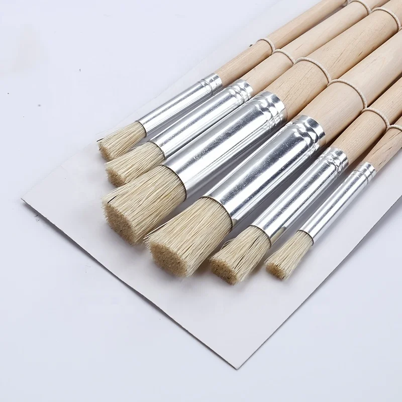 6pcs Stencil Paint Brushes Set, Bristle Hair Wooden Handle Perfect For DIY Crafts Watercolor, Oil, And Acrylic Painting