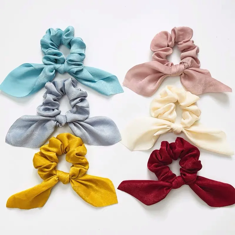 Cute Rabbit Ear Hair Ties silk Bow Scrunchies Solid Color for girls