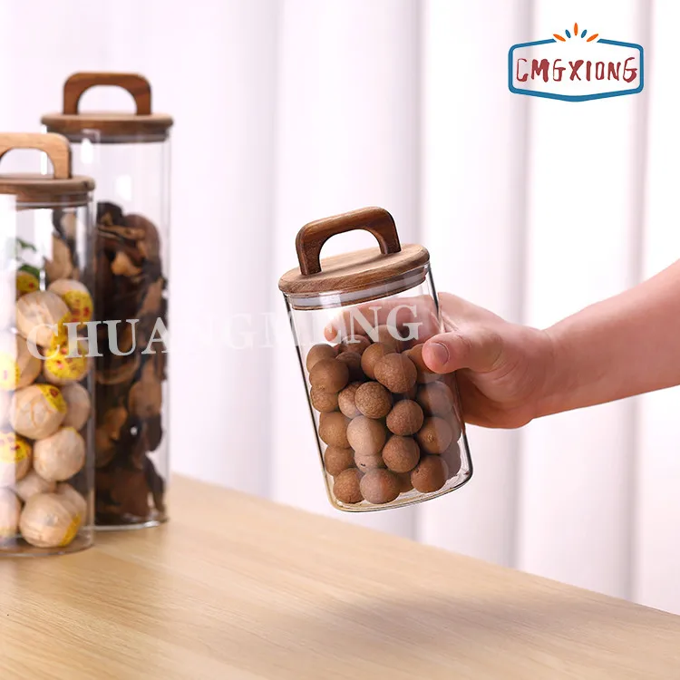 Kitchen Use 500ml 14oz High Borosilicate Airtight Clear Glass Storage Jars With Bamboo Lids