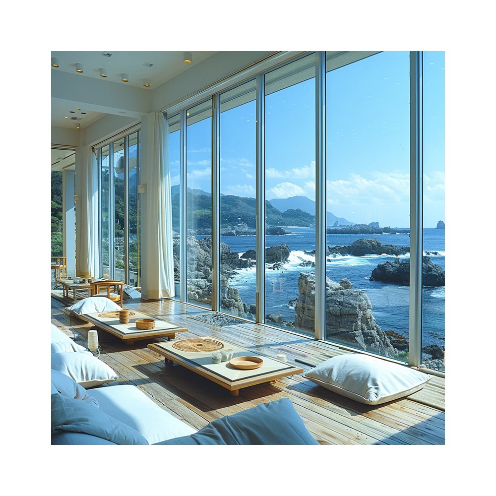 2024 AI Creative Concept Coastline Scenery Indoor Leisure Zen Style Space Comfortable Tone 3D Rendering Service