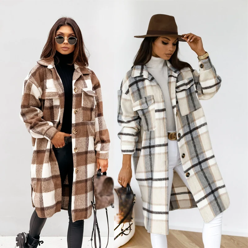 Autumn winter coats for women 2021 lapel pocket long plaid shirt jacket coat woolen fleece plaid long coats brown for women