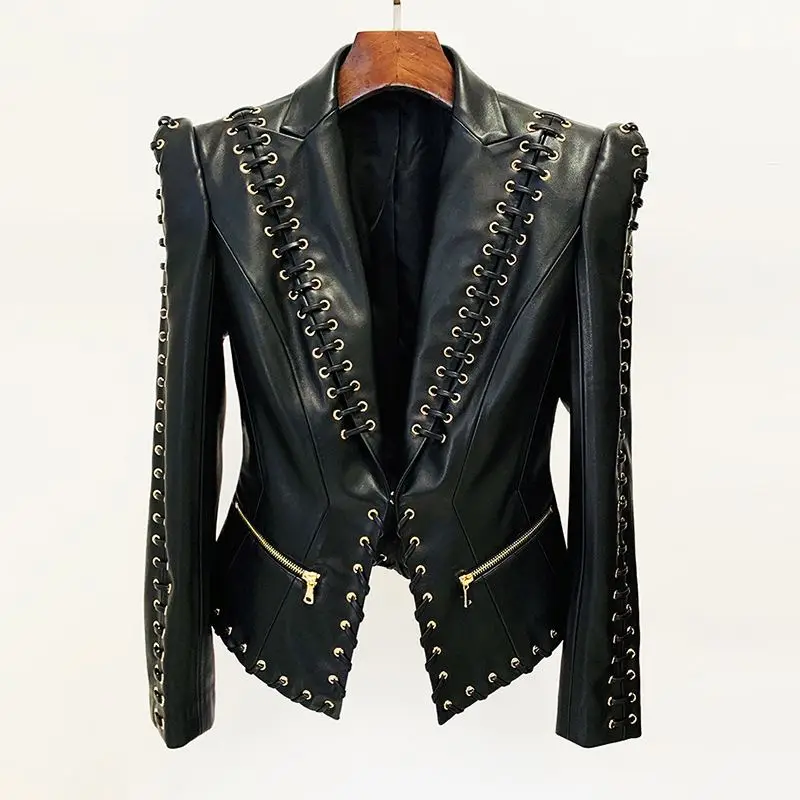 2024 new European and American star fashion heavy industry eyelet rope slim-fit leather coat suit jacket