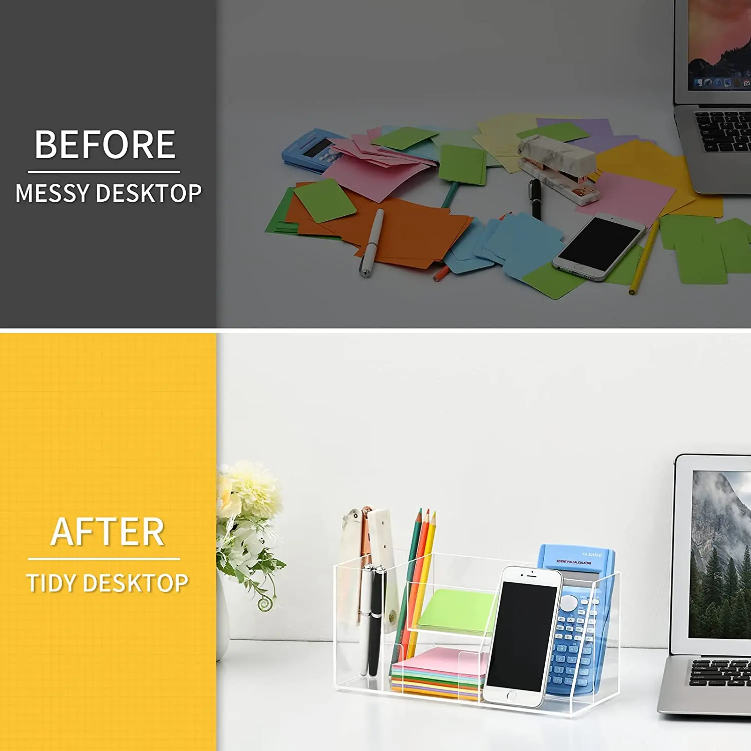 Acrylic Office Desk Storage Box Pen Holder With Compartment With Note Holder Phone Stand Holder For Office School Storage Use