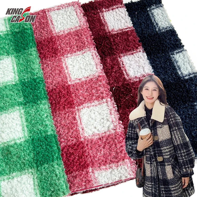 KINGCASON Hot Sale Fluffy checkered print 100% Polyester Flannel and Sherpa Bonded Fleece Fabric For Garments Coat