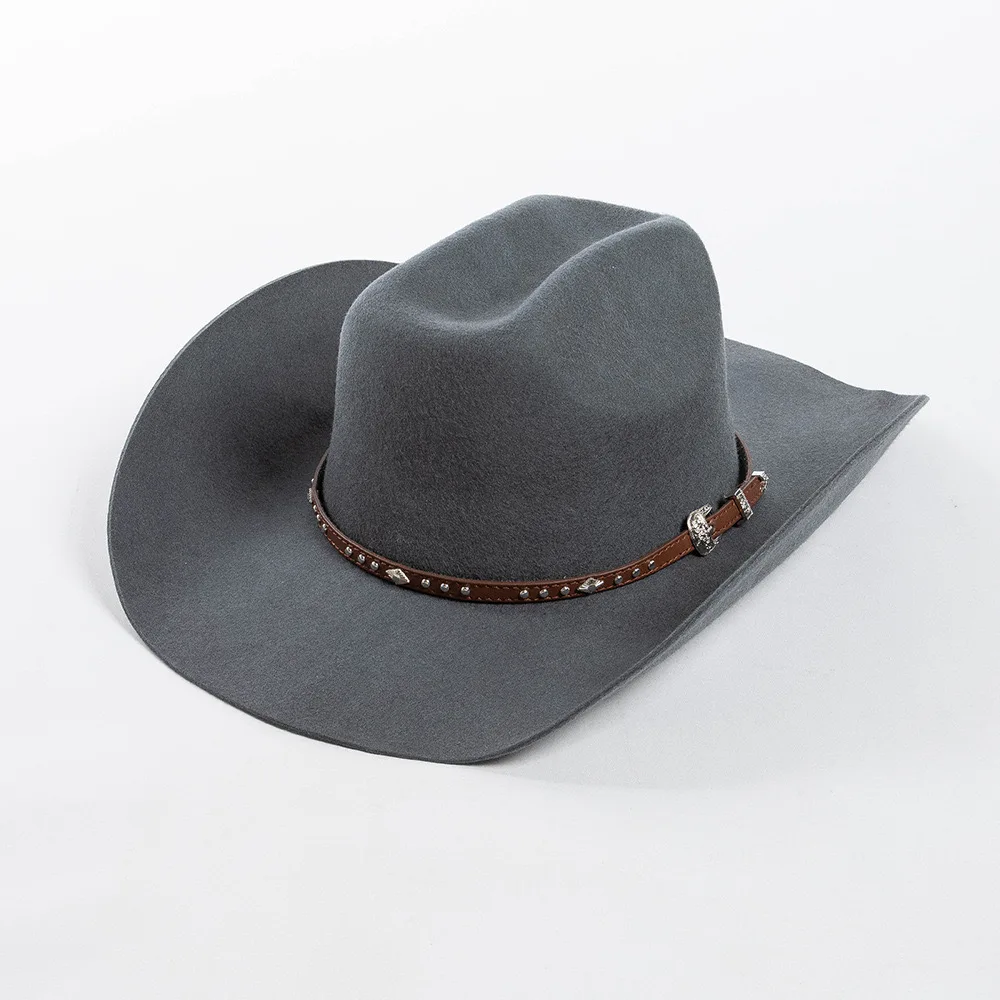 Wholesale 2024 New Arrival Dee Sombreros 100% Wool Felt Mexican Men Cowboy Hat with Rivets Leather Belt 3