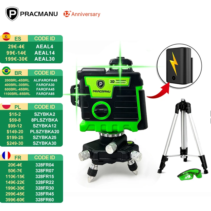 12 Lines 3D Green Horizontal And Vertical Cross Lines Laser Level