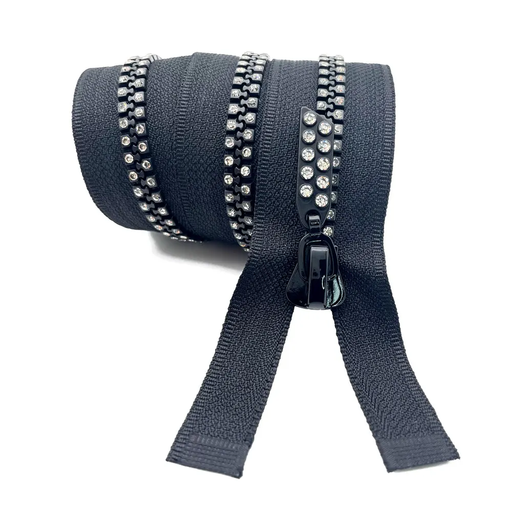 Free Sample Diamond Zipper Decorative Plastic Zipper Open End Auto Lock Zipper With Rhinestones