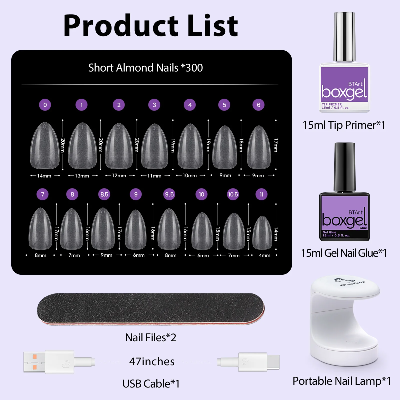 BTartbox UV Lamp Gel Glue Nails Tips Kit Acrylic XL NO C Curve Almond Nail Tips Fake Nails With Glue