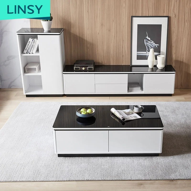 Linsy Simple Design Tv Cabenits Storage Drawers Tempered Glass Sideboards Tea Tale White Tv Stand And Coffee Table Set BI1M