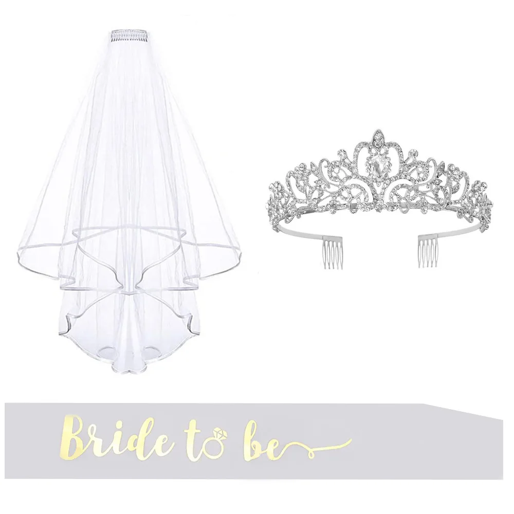 Wedding Bridal Shower Party Accessories Set Bride To Be Sash Bridal Tiara Crown Veil For Bachelorette Party Supplies
