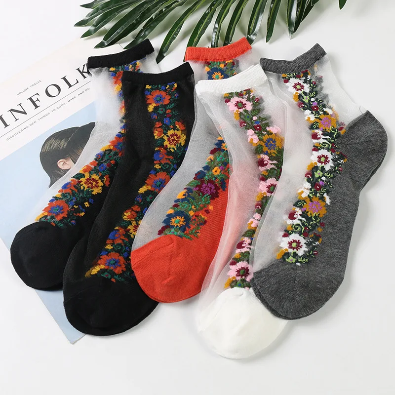 Flower Floral Silk Stockings Cheap Fashion Breathable Woman Sock Shoes Walking Light Transparent Ankle Socks