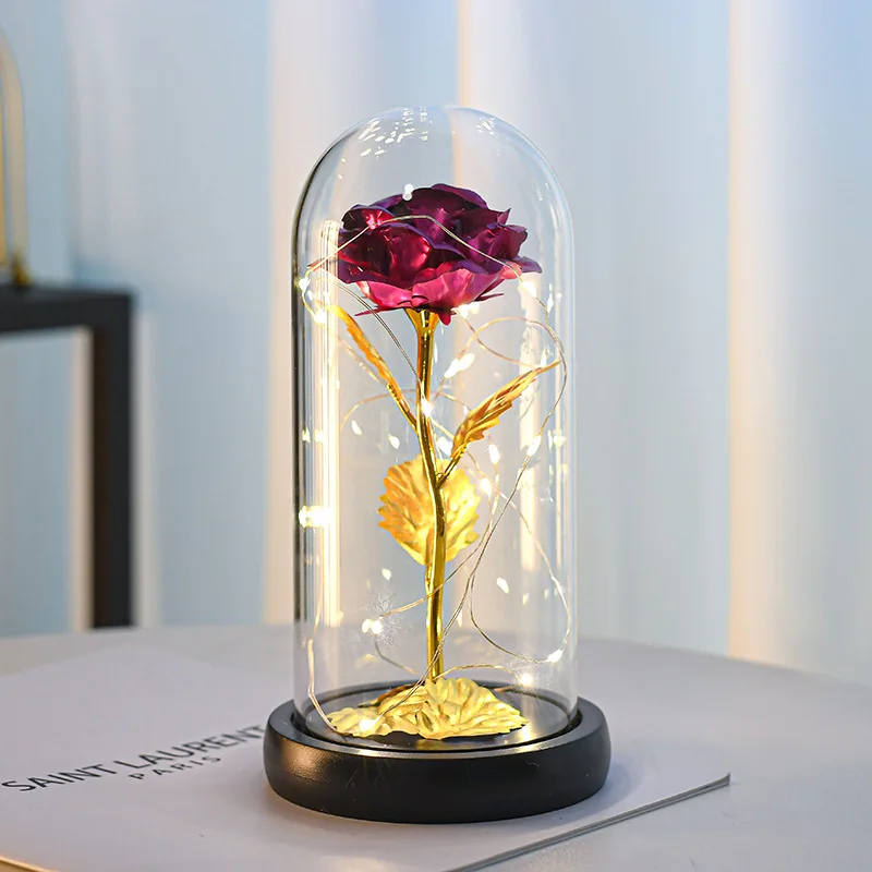 valentines day mothers day gold foil rose in glass dome gift led light eternal galaxy rose plastic acrylic dome gift