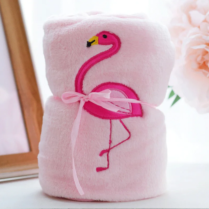 Low Price Cute 3D embroidered flamingo Cartoon Animal Baby Blanket Knitted Cheap Napping Blanket Flannel Coral Fleece Blanket