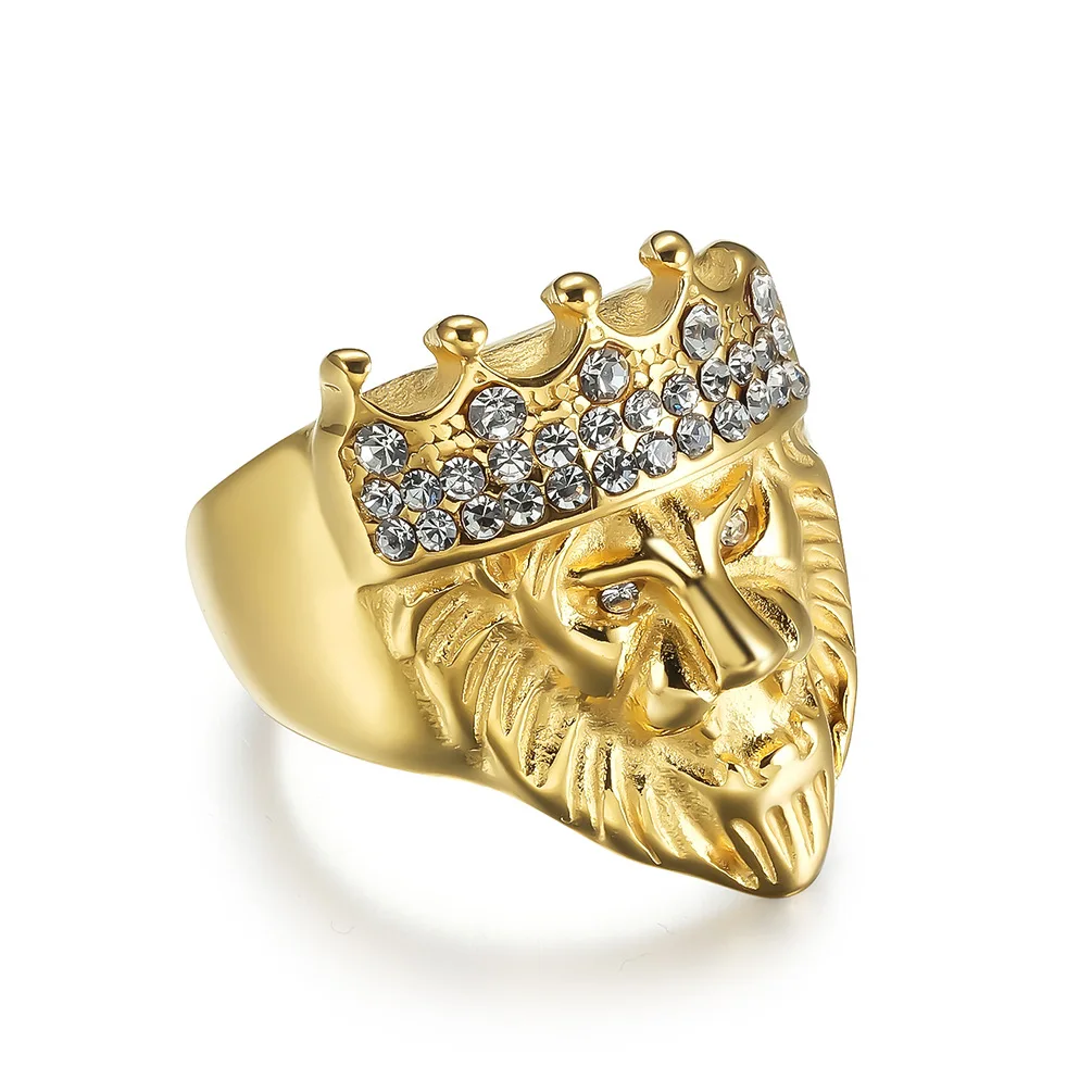 High Quality 18K Gold Plated Diamond Inlay Lion King Crown Stainless Steel Ring HipHop CZ Inlay Golden Rings for Men