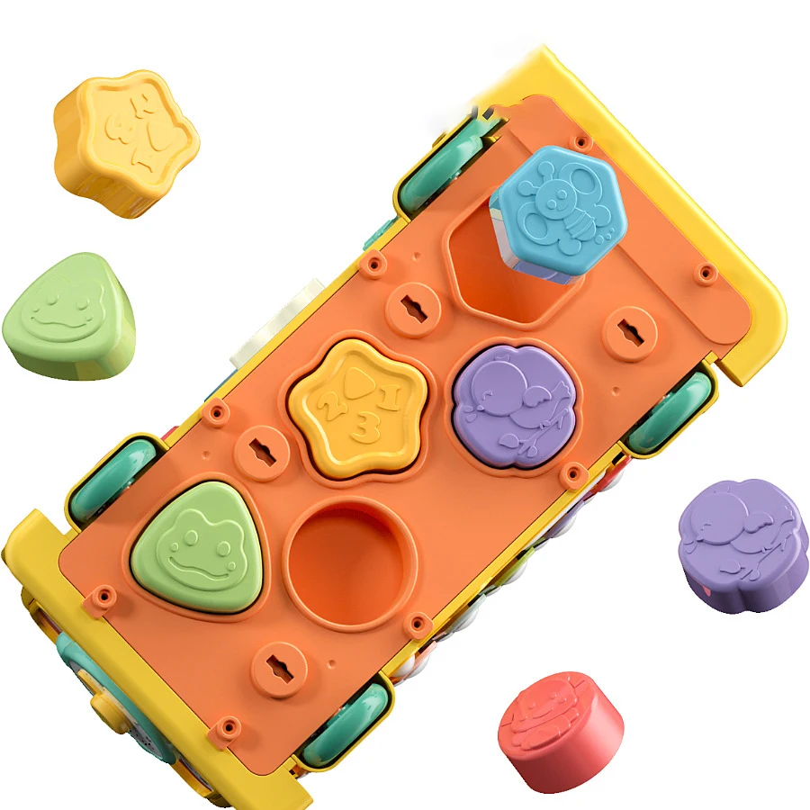 6 in 1 Montessori Musical Puzzle School Bus Toy  Multifunctional Hammering Pounding Toy With Music Pulling Shape Sorting Bus Car