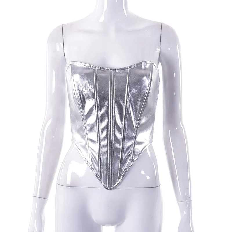 MAX APPAREL Metallic Shiny Corset Bustier Top Women Gold Silver Corset Leather Lingerie Strapless