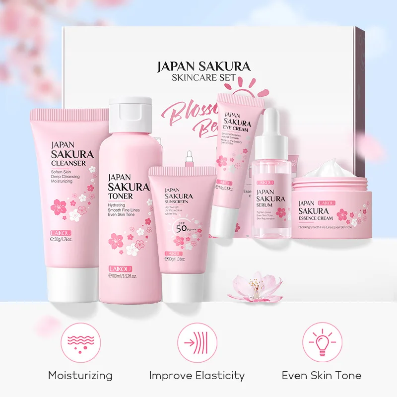 LAIKOU Japan Sakura Skin Care Set 6pcs Hydrating Smooth Wrinkle Cream Serum Toner Cleanser Suncreen Set