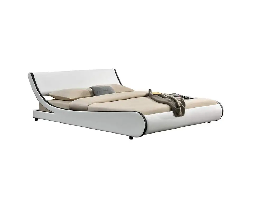 Modern Contemporary Wave Like Curve Upholstered Platform Bed Low Profile Naples faux leather bed frame