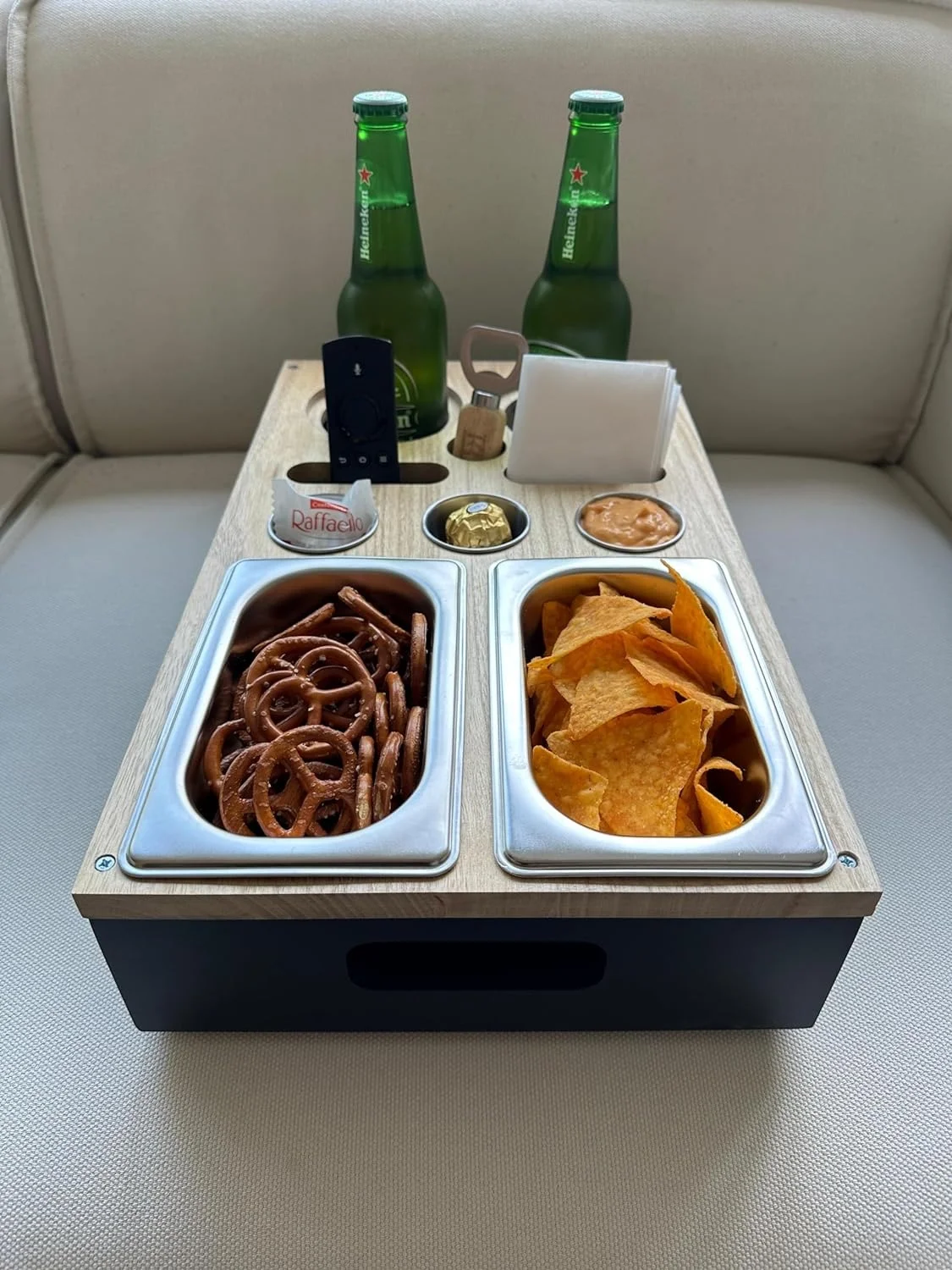 Couch Bar with 2 Snack Bowls, 3 Dip Bowls, 2 Coasters & Bottle Opener Organiser Bottle Holder Sofa Butler Serving Tray Sofa Tray