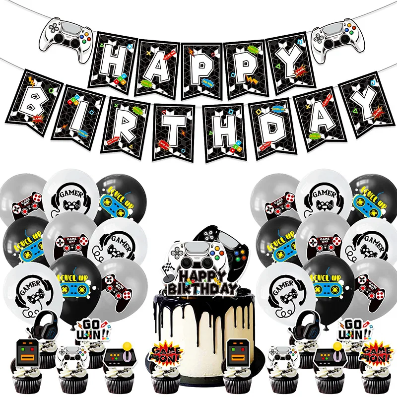 new arrive Black and white game console theme birthday party decoration flag balloon cake topper  tablecloth set  supplies