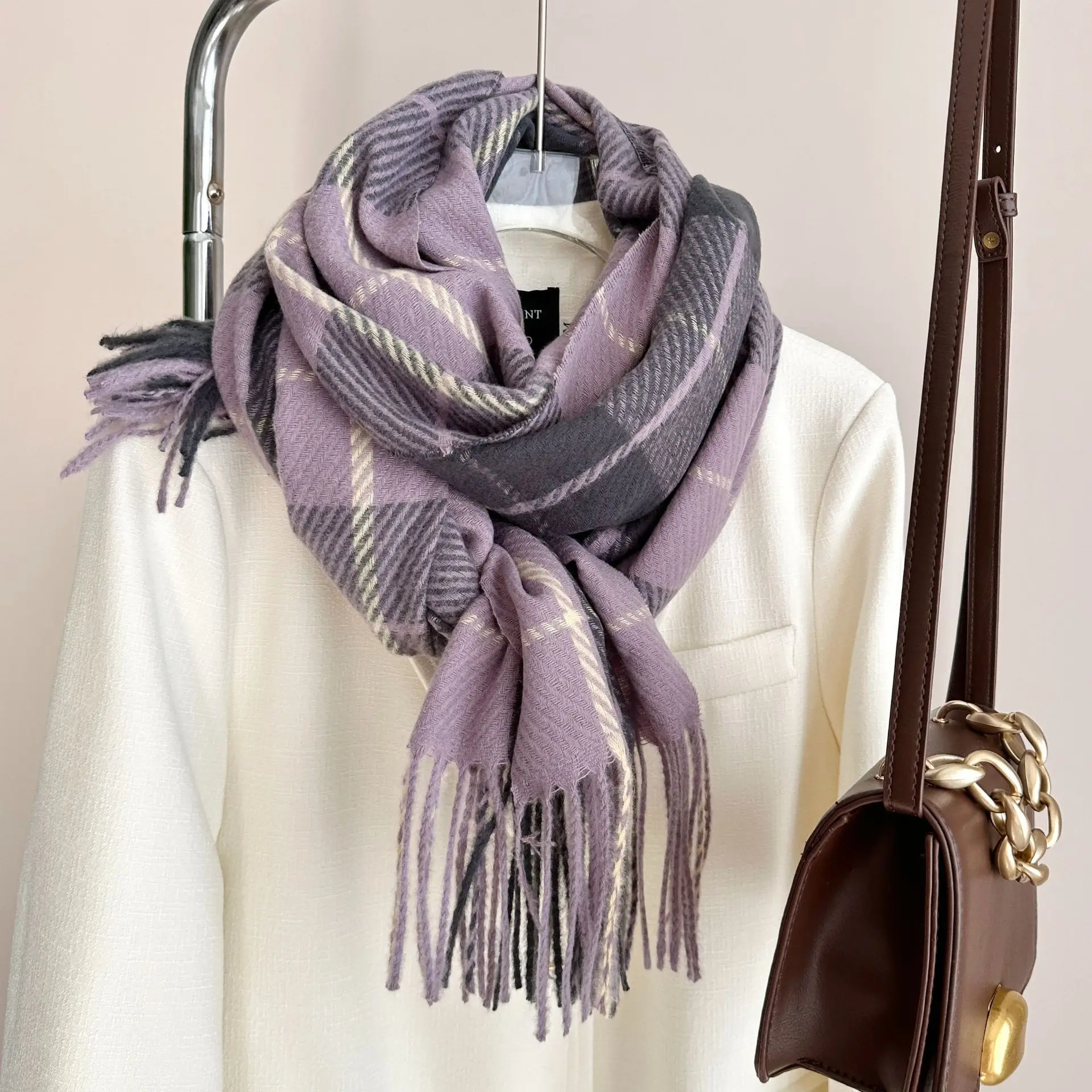 Winter Spring Oblong Scarves Imitated Cashmere Polyester New Fashion Twill Checked Tartan Plaid Women Fringed Long Shawl Scarf