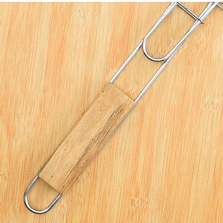 Barbecue tool thicken double fish barbecue mesh grill basket BBQ rack barbecue clip for fishes wooden handle