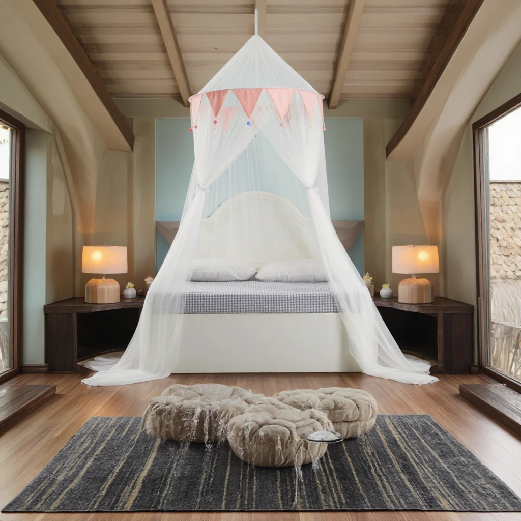 Large Round Pink Wavy Lace Top Folded Mosquito Nets for Adults for Home Door Outdoor & Travel Bedding Room Use