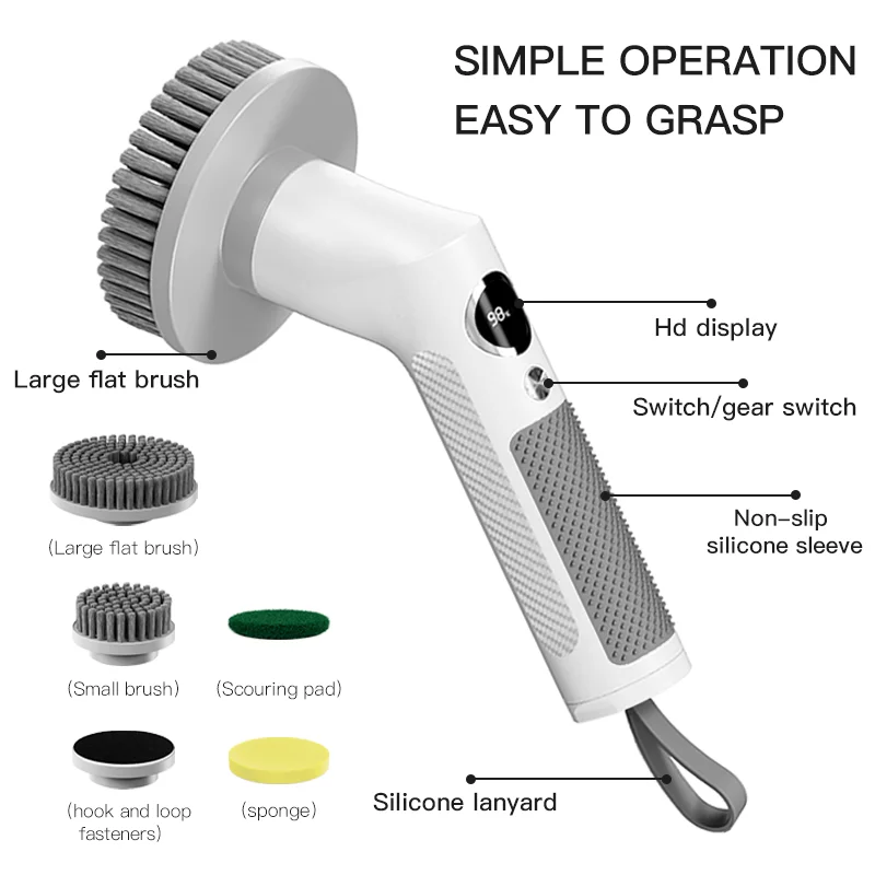 5-in-1 USB Chargeable Cleaning Brush long pole extendable Cordless Power Scrubber Kitchen Replaceable Electric Spin Scrubber
