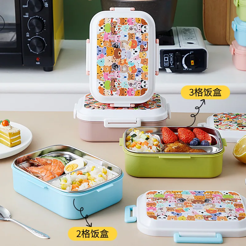 Cute children 500ml three compartment leakproof food containers stainless steel vacuum insulated school kids bento lunch box