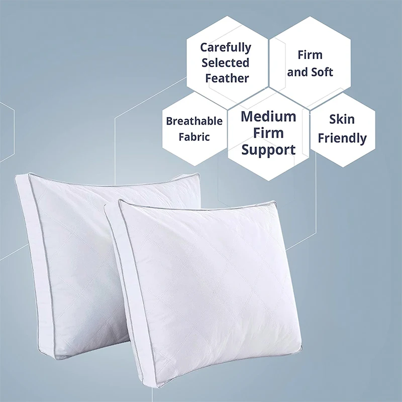 Premium Diamond Quilted Hotel Collection Pillow Breathable Goose Feathers Down Gusseted Bed Pillow For Sleeping