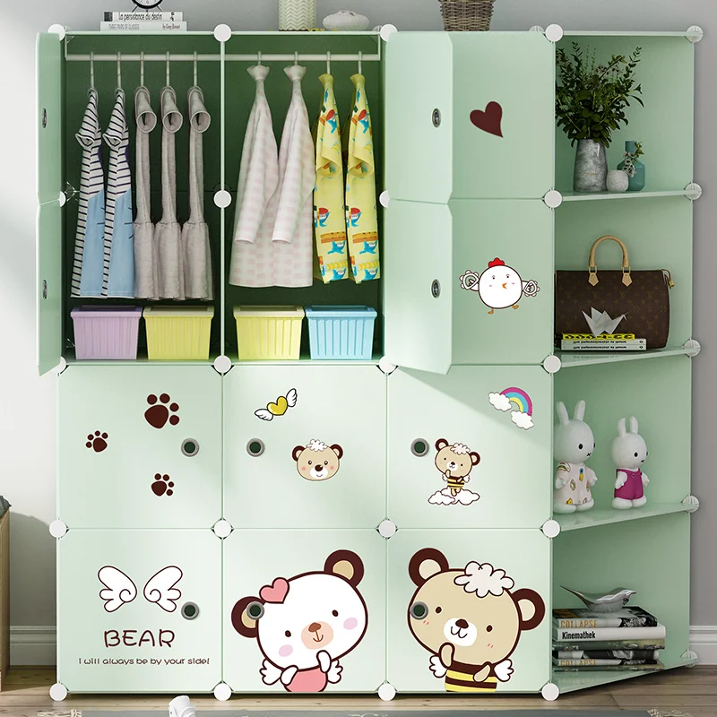 Folding Plastic Cheap Children Wardrobe Baby 12 Cubes with Lovely Stickers Factory Sale PP Portable Plastic Kids Closet Wardrobe