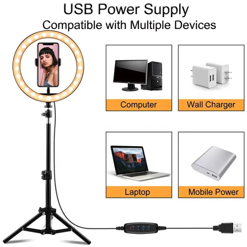 2.1m Tripod Aro De Luz Dimmable 10 Inch Led Selfie Ring Light,Usb Photography Lamp Ringlight For Tiktok Youtube Make Up