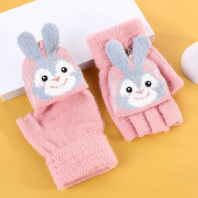 Lovely rabbit Kids Toddler Magic Winter Flip Mitten Gloves Child Kid Knitted Convertible Flip Top Fingerless Gloves Mittens