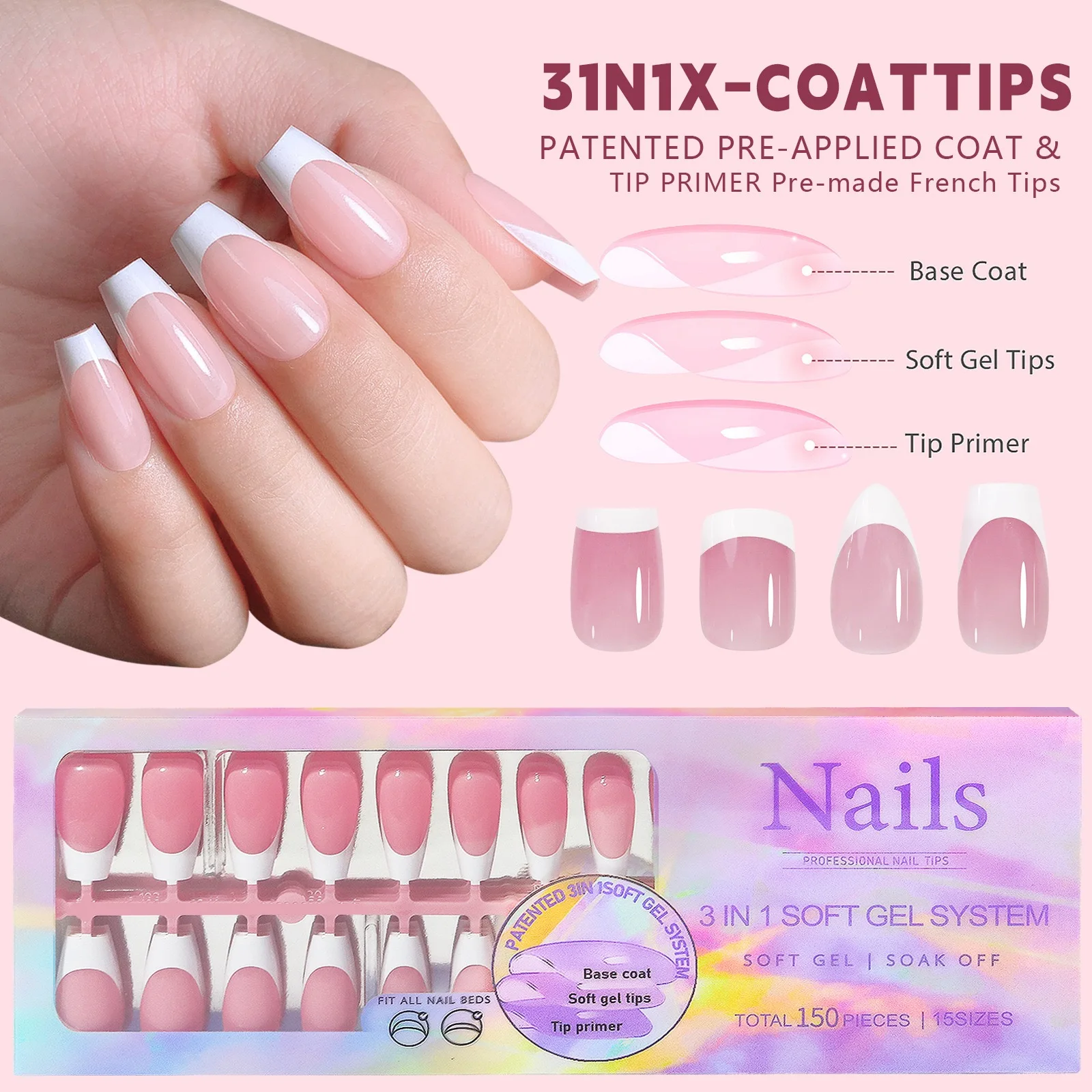 X Coat Tips 150pcs Premade Salon press on nail Soft Gel X Coat Tips French Hand printed Full Cover French Tips Press On Nails Ki