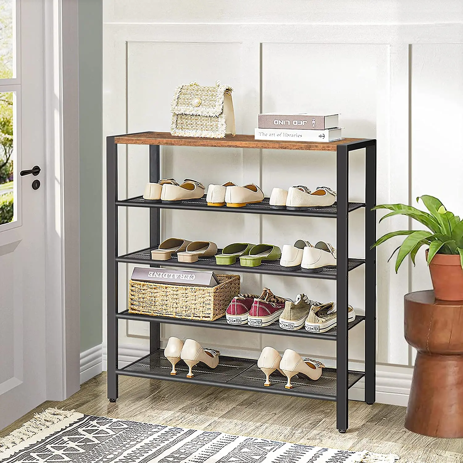 Industrial 5 tier shoe rack  shoe bench 16-20 pairs shoe rack entryway hallway closet stable metal frame