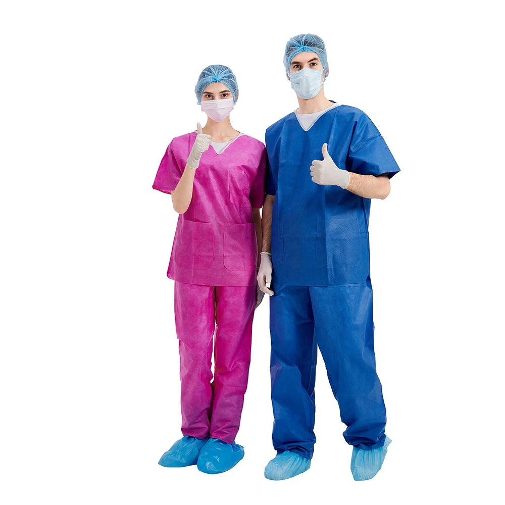 SMS scrub suits uniforms doctors scrub suits hospital using disposable V-neck nonwoven scrubs sets with short open sleeve